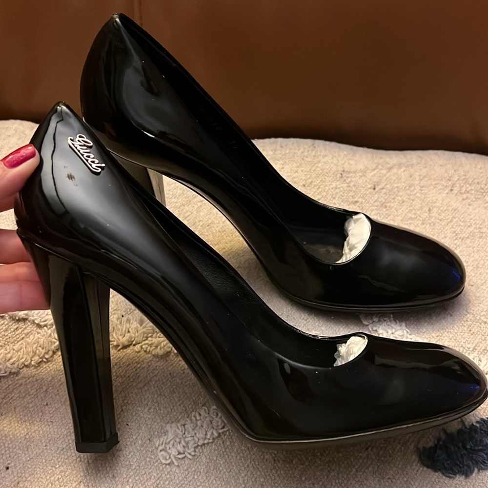 GUCCI Vitelli Bernice Soft Nero Black Baby Jane Heel Logo Hardware Sz 39 - Picture 3 of 11